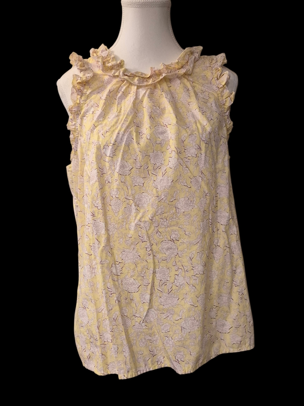 J. Crew Pale Yellow Floral Ruffle-Neck Sleeveless Top